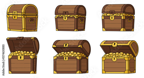 Collection of treasure chests full of gold coins in cartoon style