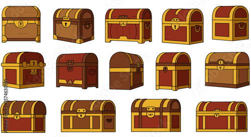 Collection of treasure chests with locks and hinges in cartoon style