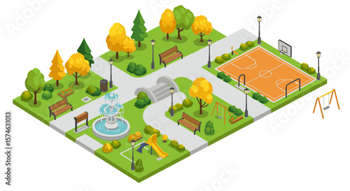 Autumn park isometric design with pathways, playground, and sports court