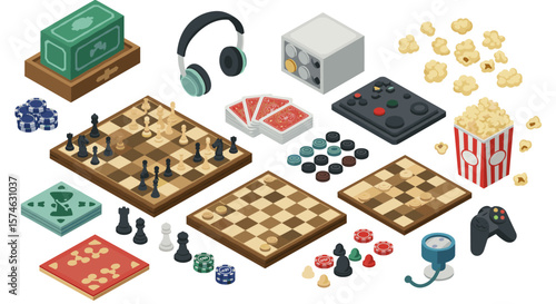 Isometric game night elements with chess, cards, and snacks