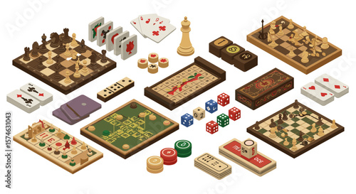 Diverse board games collection in isometric style featuring chess, cards, and dice