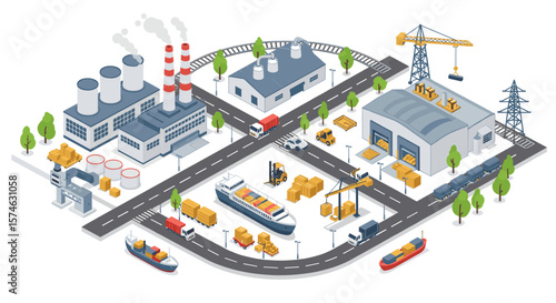 Isometric industrial park with factories, roads, and cargo transport