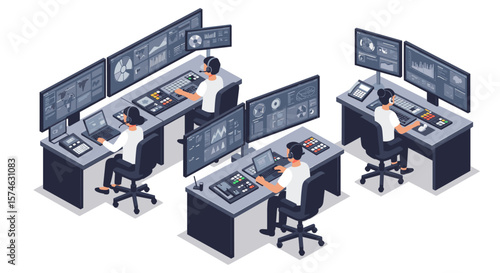 Isometric control room with operators and monitors