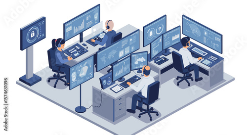 Modern isometric security operations center with analysts monitoring digital threats