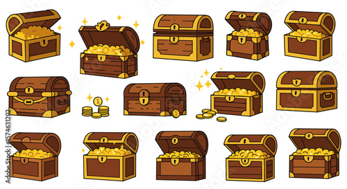 Set of cartoon treasure chests filled with gold coins