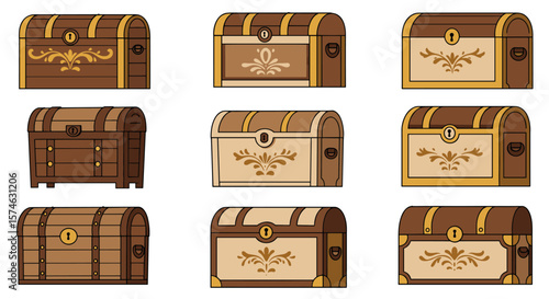 Set of decorative pirate treasure chests in cartoon style