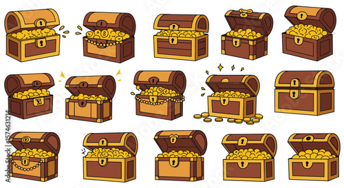 Variety of treasure chests filled with gold coins in cartoon style