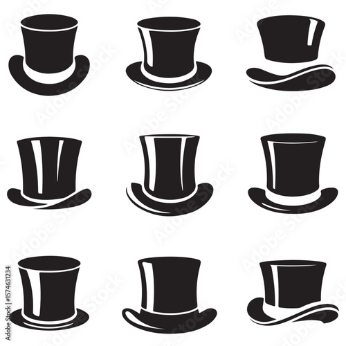  different style black vector of top hat silhouette