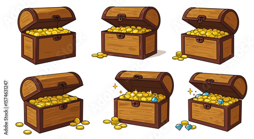 Treasure chests with gold and gems in cartoon style