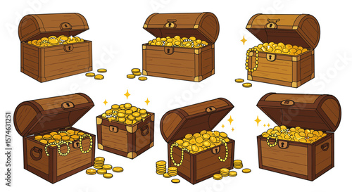 Collection of treasure chests filled with gold coins and jewels in cartoon style
