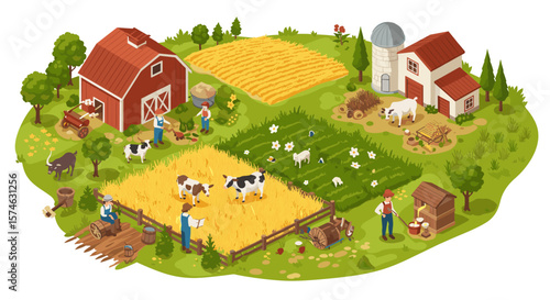 Charming isometric farm with barn, animals, and crops in countryside