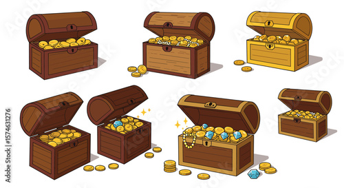 Treasure chest collection: assorted wooden boxes overflowing with gold coins and gems