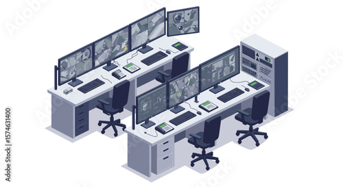 Modern isometric control room with computers and monitors for surveillance and security