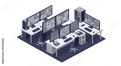 Isometric security office with surveillance monitors and desks