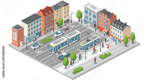 Isometric city street with tram, cyclists, and pedestrian-friendly urban design