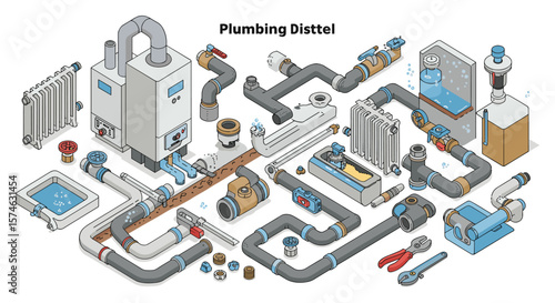 Isometric plumbing diagram with pipes and fixtures for industrial projects
