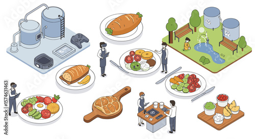Future of food: isometric smart cooking and sustainable agriculture concepts