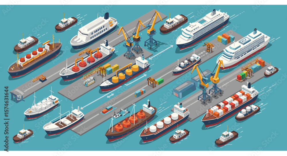 Fototapeta premium Isometric port scene with cargo ships and cranes in a busy harbor