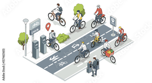 Isometric urban cycling scene with commuters using bike lane and parking station