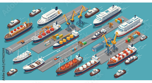 Isometric port scene with cargo ships and cranes in a busy harbor