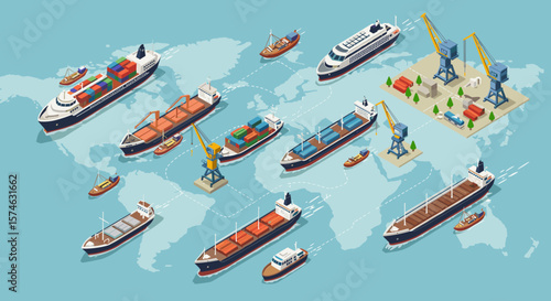 Global shipping map with cargo ships and dockyards in isometric style