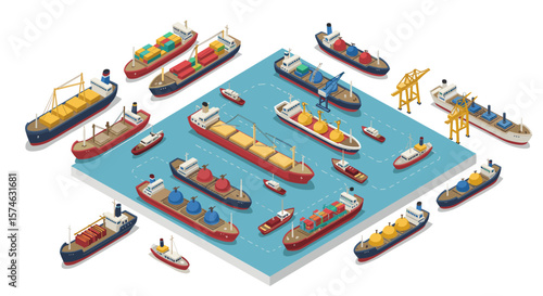 Isometric cargo shipyard with container vessels and loading docks