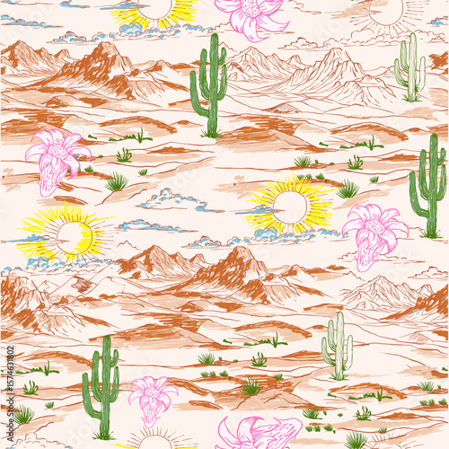 Desert Pattern Design, womens fashion design for pattern background. cactus flower patterns graphics. summer print design. mountain tee shirt fabrics for girls fashion.