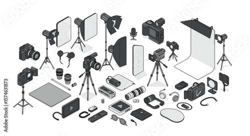 Comprehensive isometric set of photography and filmmaking equipment