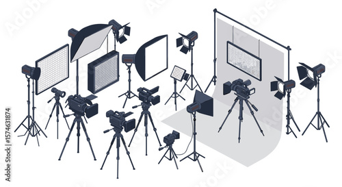 Professional photography studio setup with cameras and lighting equipment on tripods