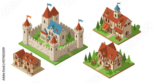 Medieval architecture collection with isometric castle and houses