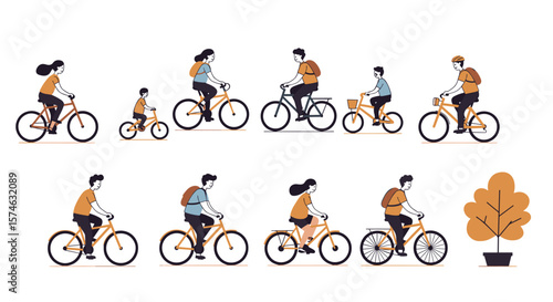 Families and individuals cycling in a flat minimalist style