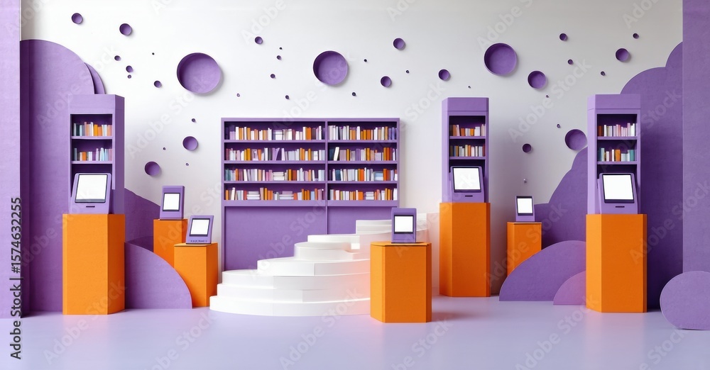 Obraz premium Papercraft library interior. Bookshelves, computers, stairs create whimsical learning space. Purple, orange tones dominate design.
