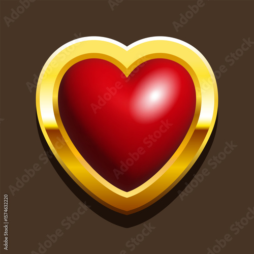3d heart in golden frame. Vector clip art isolated on grey background