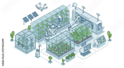 Futuristic isometric smart farm with automated greenhouse and drone technology