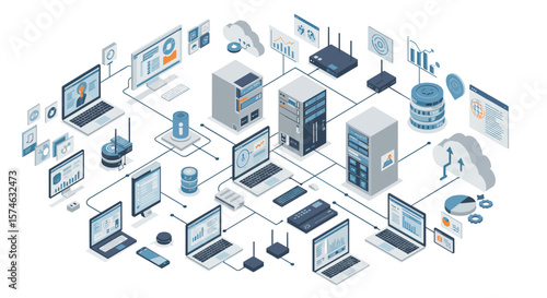 Isometric data center network and cloud computing concept with connected devices