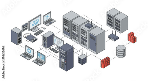 Isometric data center network layout with servers and computers