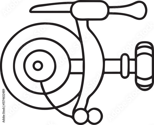 Fishing reel handle black, clean vector icon, spinning fishing reel for angling use, black stroke minimal design tool for outdoor recreation, sport fishery and hobby scenes