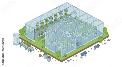 Futuristic isometric greenhouse with sustainable technology and automation