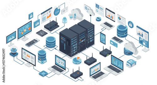 Isometric data center network with servers and laptops in cloud computing environment