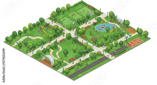 Lively isometric park with diverse recreational activities and lush greenery