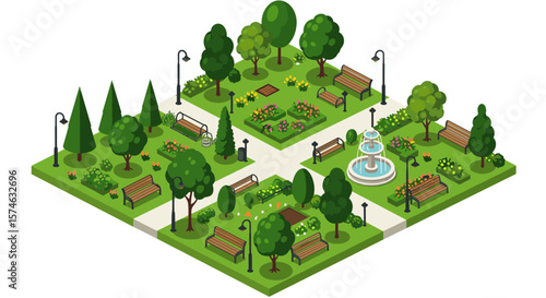 Isometric park design with benches, trees, and fountain