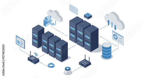 Isometric data center with cloud computing network and servers