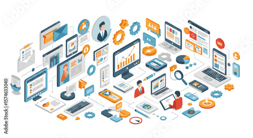 Isometric digital networking concept with laptops and business elements