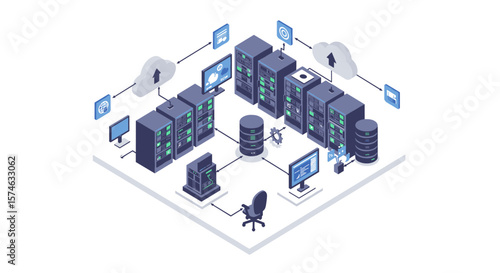 Isometric data center with cloud computing and server racks
