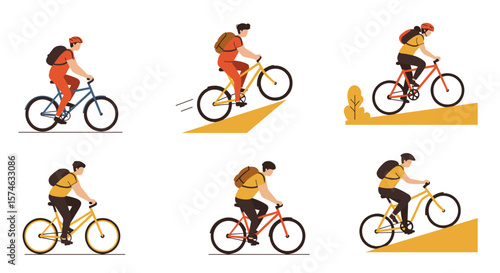 Cyclist adventure: flat design of biking on different terrains