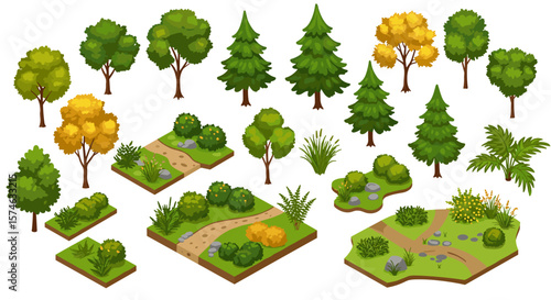 Isometric forest elements with trees and garden paths for landscape design