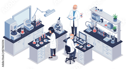 Isometric laboratory scene with scientists conducting experiments and research
