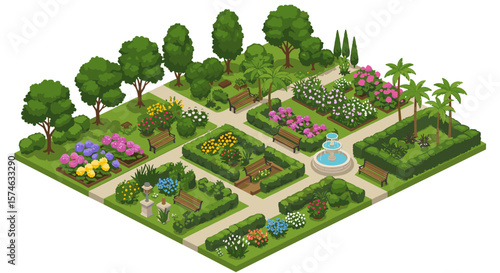 Isometric public park with floral gardens and fountain