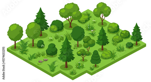 Lush isometric forest landscape with green trees and shrubs