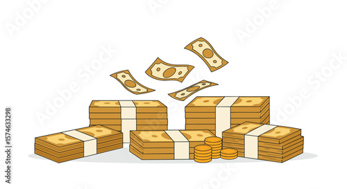 Bouncing money: stacks of cash and coins in dynamic cartoon style